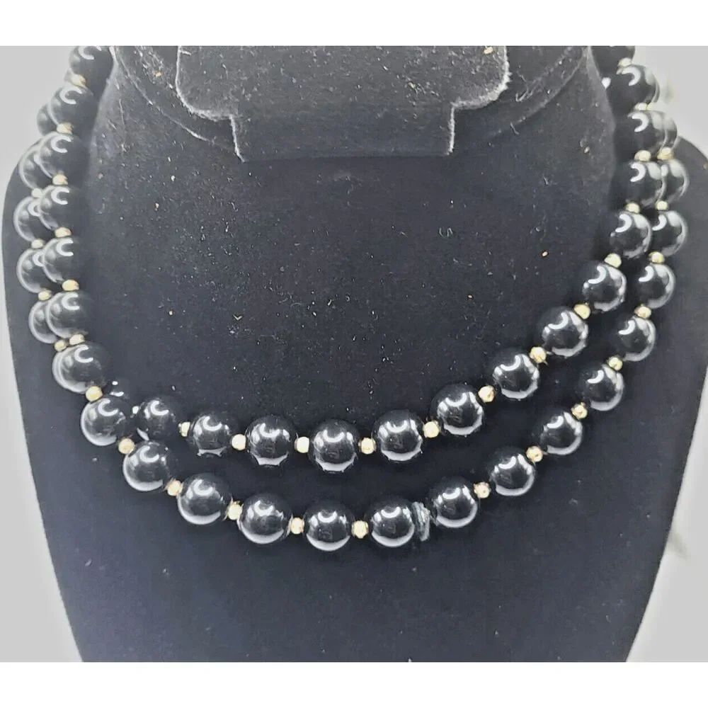 Vintage 50s Black and Gold Beaded Necklace 31in